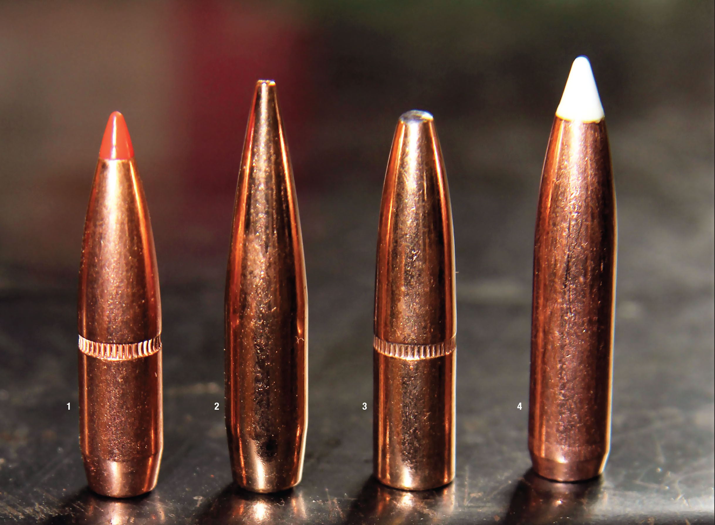 Bullets used for testing the 6.5-06 included the (1) Hornady 123-grain SST, (2) Berger’s 130-grain VLD Hunting, (3) Speer’s 140-grain Grand Slam and (4) Nosler 140-grain AccuBond.